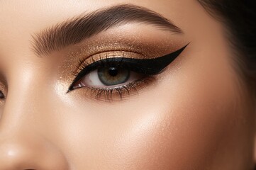 Obraz premium Detailed view of a female eye with striking eyeliner and shimmering gold eyeshadow, highlighting a sophisticated nighttime makeup style.