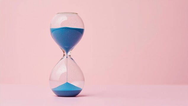 Detailed studio photo of an hourglass filled with blue sand flowing over a pink backdrop