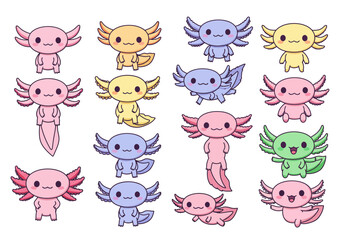 Cute axolotl collection cartoon drawings with unique colors and poses adorable aquatic creatures