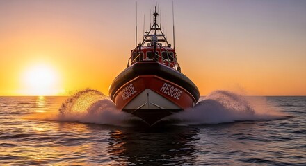 Rescue Boat Charges Head-On Through Golden Sunset Waters