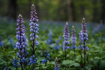 Fototapeta premium Fumewort flowers in shades of blue, purple, and white