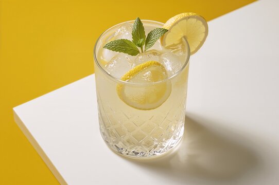 Refreshing lemonade with lemon slices, mint leaves, and ice cubes in a glass against a bright background. A healthy summer beverage concept with ample copy space.