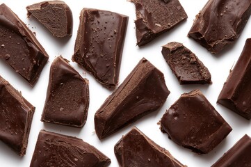 Chunks of dark chocolate on a white surface, viewed from above in a horizontal layout.