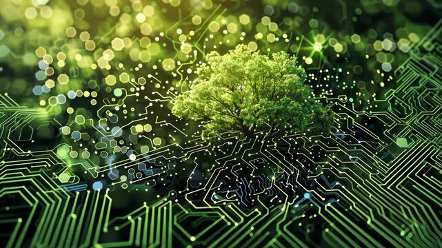 Digital circuits and tree network combined, illustrating the integration of nature and technology for effective carbon reduction. Carbon footprint reduction technology