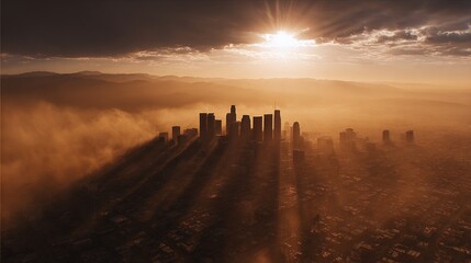 Urban Skyline Shrouded in Morning Fog, Presenting Hazy and Dreamy City Landscape, Suitable for Urban Scenery, Natural Meteorology Scenarios