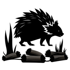 silhouette, graphic, mammal, quill, illustration, animal, black, nature, vector, wildlife, forest, porcupine, timberland, white, prickly, creature, rodent, design, icon, drawing, isolated, cute, symbo