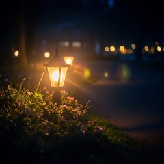Vintage Garden Lantern Casting a Warm Glow on a Flowerbed by a Dark Path at Night