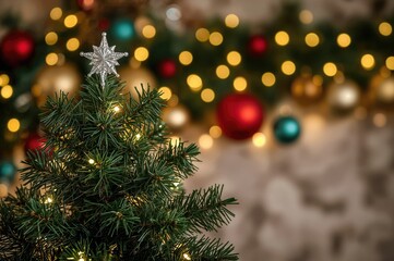 Obraz premium Bright garland illuminating a star amidst festive baubles on a holiday tree