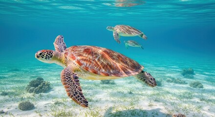 Fototapeta premium Three sea turtles swim gracefully in vibrant, shallow, tropical waters, showcasing a beautiful underwater scene.