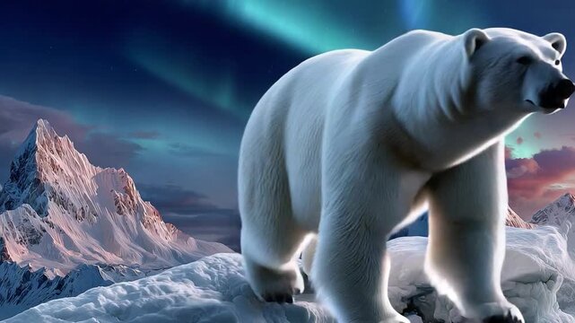 Polar Bear and Aurora: A majestic polar bear stands proudly amidst an arctic landscape. In the background, the ethereal dance of the aurora borealis paints the sky.