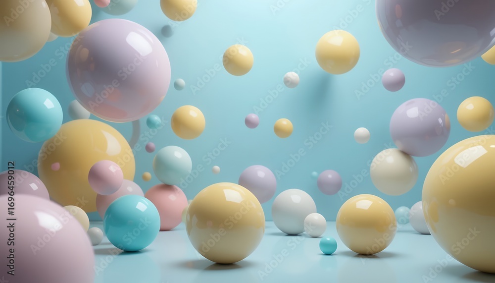 Poster colorful 3d spheres floating in soft pastel tones creating a playful and dynamic scene