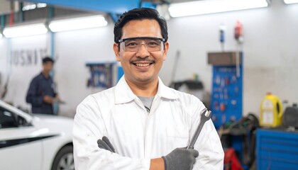 A cheerful mechanic in a bright workshop, holding a wrench, exudes confidence and professionalism.