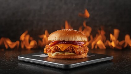 Tasty fiery chicken sandwich advertisement featuring flames on a dark backdrop