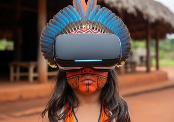 Indigenous person experiencing virtual reality in rainforest