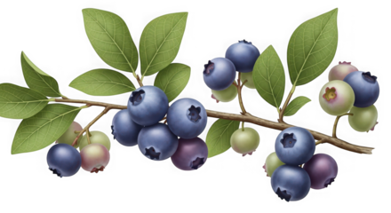 Ripe blueberries clustered on a branch with green leaves against a dark backdrop detailed nature photography transparent background