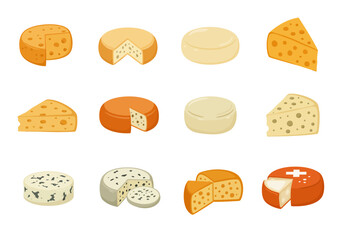 Cheese assortment Various types displayed cut into wedges or whole wheels featuring diverse textures and colors