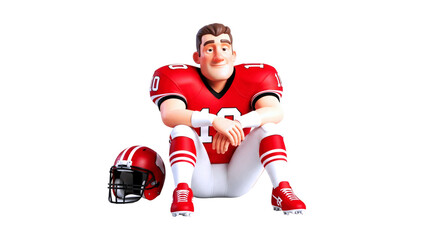 3d cartoon football player postgame reflection, relaxed pose, red jersey, contemplative mood, game asset, isolated on transparent background