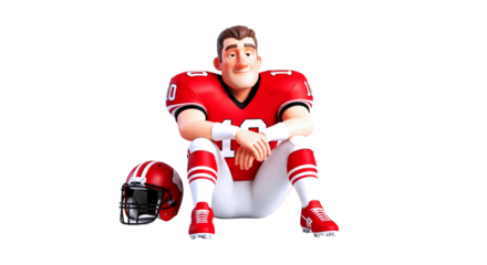 3d cartoon football player postgame reflection, relaxed pose, red jersey, contemplative mood, game asset, isolated on transparent background