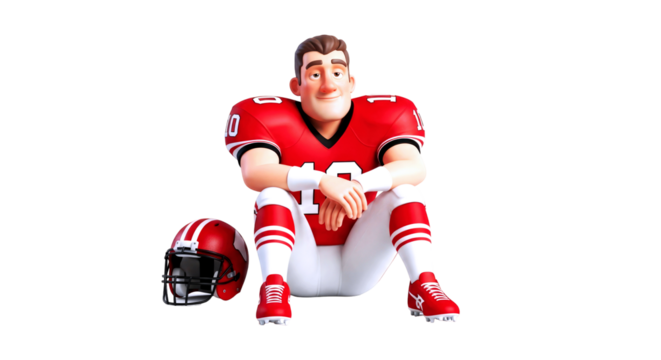 3d cartoon football player postgame reflection, relaxed pose, red jersey, contemplative mood, game asset, isolated on transparent background