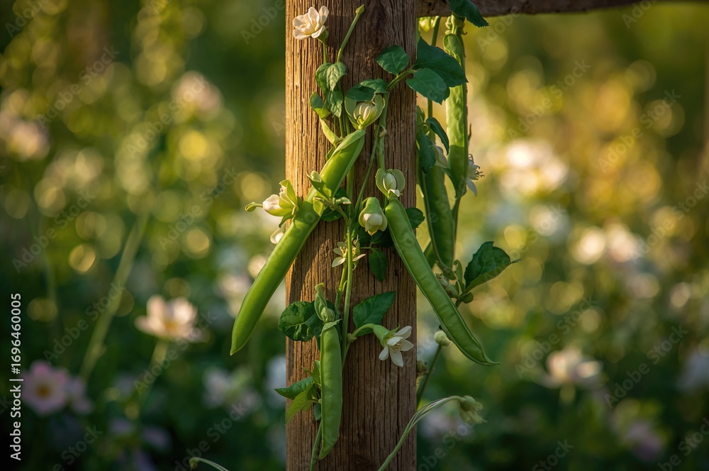 Poster peas climbing a support in the first days of spring