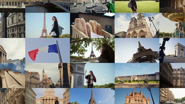 Collage of video attractions of Paris. Eiffel Tower and tourism in the capital of France, architecture and historical buildings, travel in Europe.