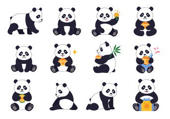 Obraz premium Image showcases 12 cartoon pandas in different poses and activities
