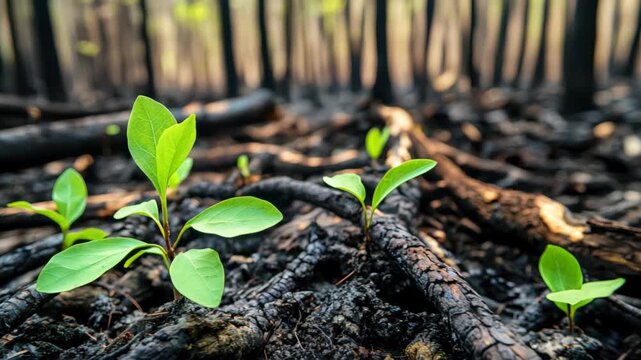 Young green seedling emerging from charred soil after wildfire forest recovery and hope nature young seedling growth wildfire forest recovery new green leaves emerging from charred soil and burnt