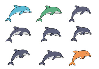Obraz premium Nine dolphins in three rows of three varying colors on a white background