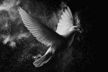 A white dove flies upward amidst a cloud of white particles on a black background, wings spread, radiating ethereal beauty and freedom