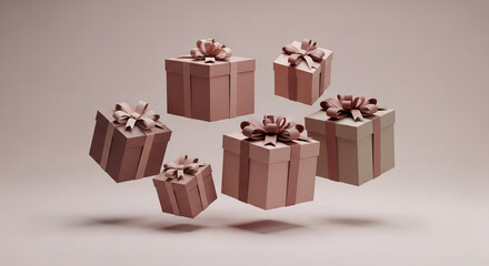 Floating gift boxes, pastel brown shades, tied with ribbons, showcase presentation, ideal for Valentine's Day or gifting concepts, free space for text