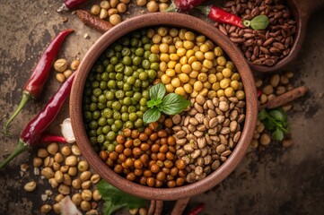 Fototapeta premium Assorted vibrant lentils in a rustic bowl alongside soybeans, red chili peppers with foliage, and cloves of garlic