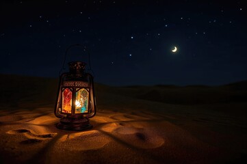 Vibrant lantern glowing on sandy hills. Holiday greeting cards with crescent moon and stars.