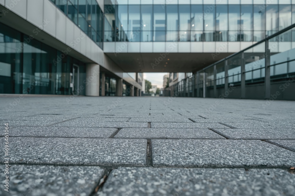 Poster empty gray tiled pavement stretching into the distance with a modern architectural backdrop. abstrac