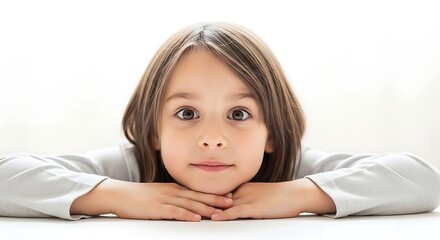 Fototapeta premium Curious Child Leaning on Table in White Studio