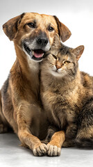 Fototapeta premium dog, cat, pet, puppy, animal, white, isolated, dogs, cute, kitten, group, sitting, studio, together, chihuahua, canine, two, animals, portrait, pets, funny, white background, friendship, purebred, bre