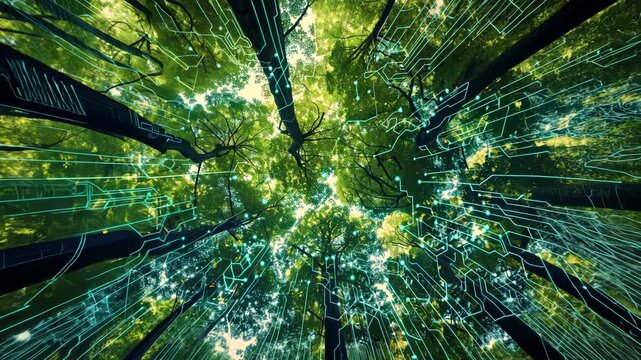 Interconnected trees and circuits, representing the synergy of natural and technological methods for carbon reduction. Carbon footprint reduction technology