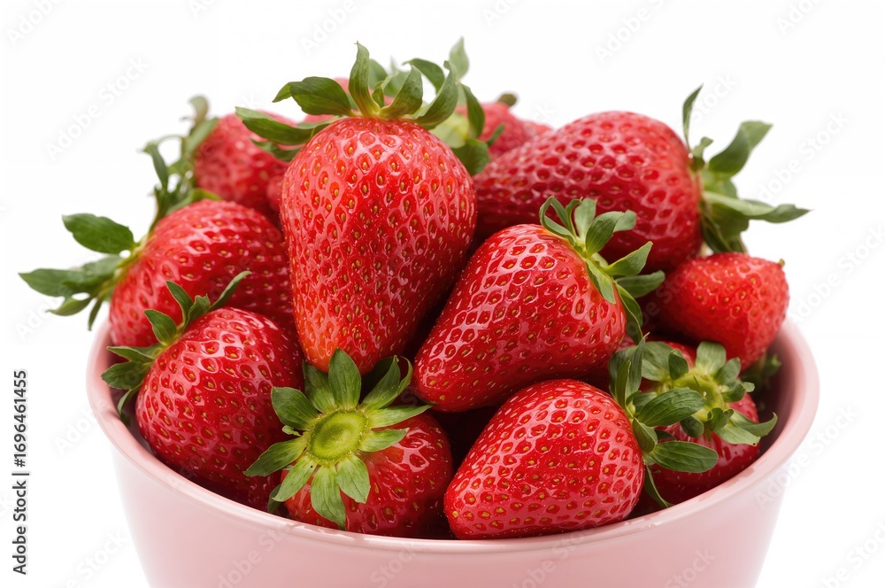 Poster close-up view of multiple strawberries in a pale pink dish with empty space