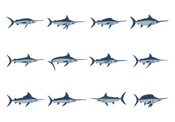 Fototapeta premium Twelve pixelated marlins arranged in a 3x4 grid pattern on a white background