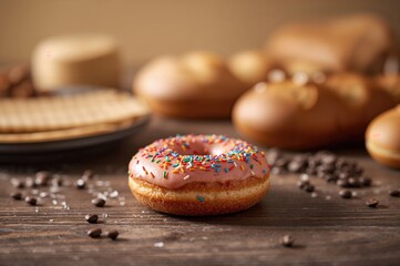 Sweet baked goods backdrop featuring donuts, crackers, and beans