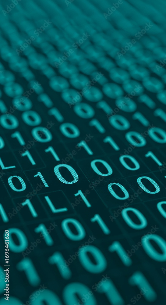 Poster teal-toned binary code digits, arranged in rows, creating a technological pattern symbolizing digita