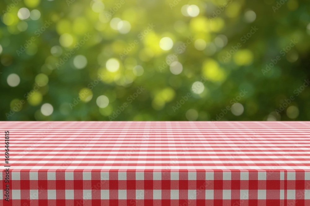 Aufkleber top view of a red plaid tablecloth with a soft green bokeh garden background in the morning, ideal f