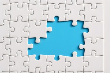 Fototapeta premium Unfinished White Jigsaw Puzzle with Missing Piece on Blue Background, Conceptual Problem Solving and Completion.