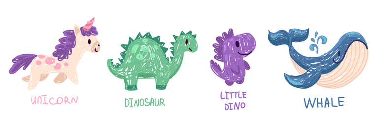 Cute crayon animal set, cute baby animal illustration, kids doodle scribbles with unicorn, dinosaur, whale, dino naive wax crayon art. Vector Cartoon hand drawn childish sketches