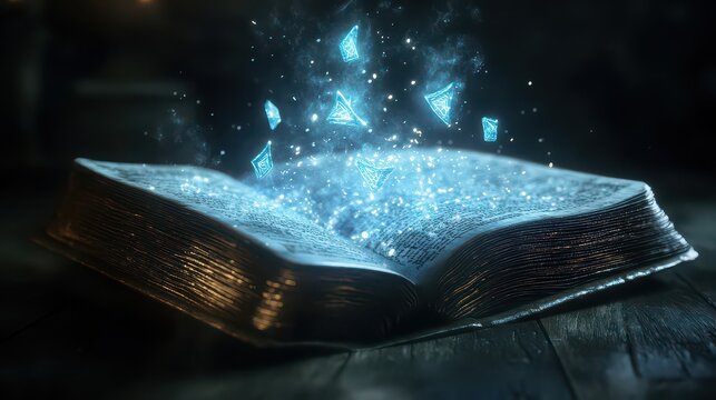 Open book with glowing blue light and floating geometric shapes in a dark environment scene