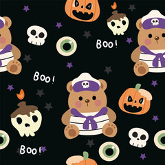 seamless pattern with halloween teddy bear skull and pumpkin jack o lantern kawaii background
