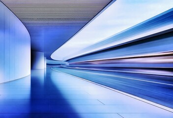Obraz premium A futuristic blue corridor with curved architecture and motion blur effect, symbolizing speed, innovation, and modern design.