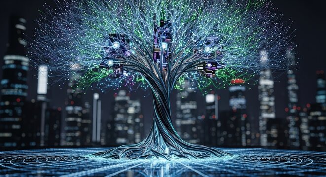 Futuristic Digital Tree in Glowing Cityscape at Night.