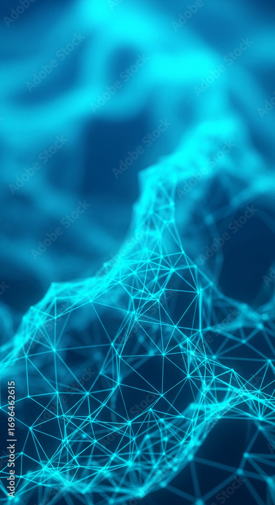 Poster abstract blue network texture, glowing lines and nodes forming a wave-like pattern, symbolizing conn