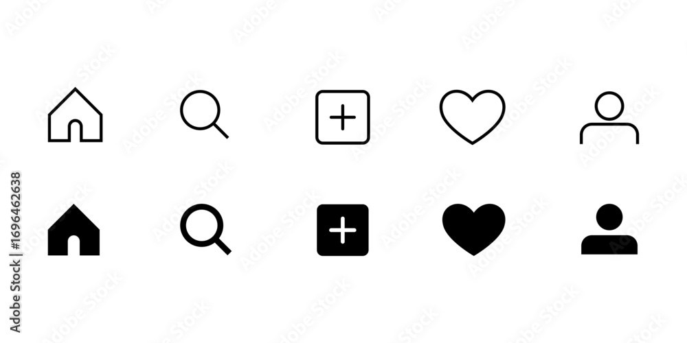 Poster essential ui ux icons set with home, search, add, favorite, and user profile symbols in outline and 