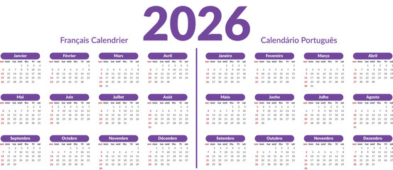 2026 Calendar in French and Portuguese